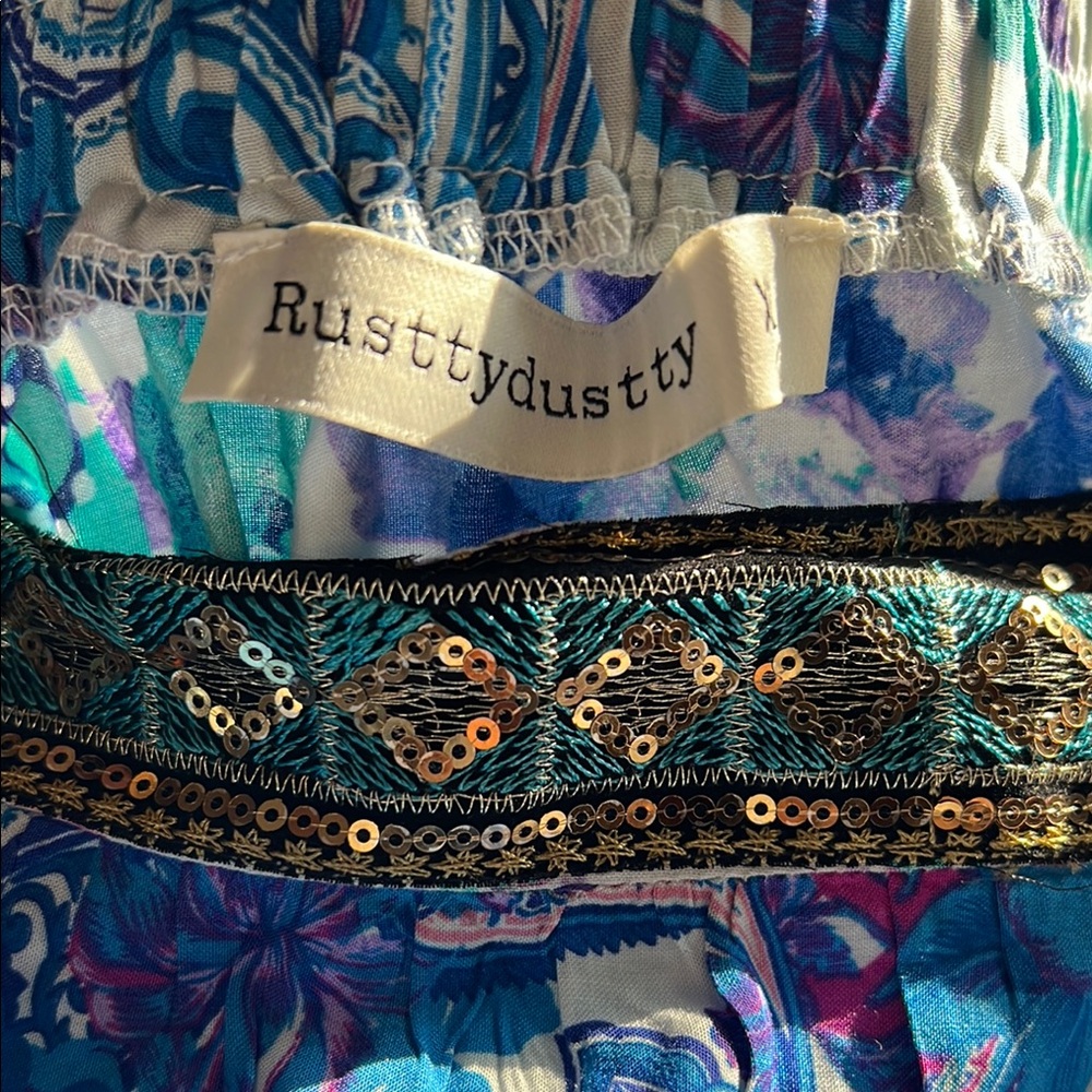 Rusttydustty Boho Blue Patchwork Maxi Skirt XL Embellished Waistband Festival EU - Picture 6 of 11